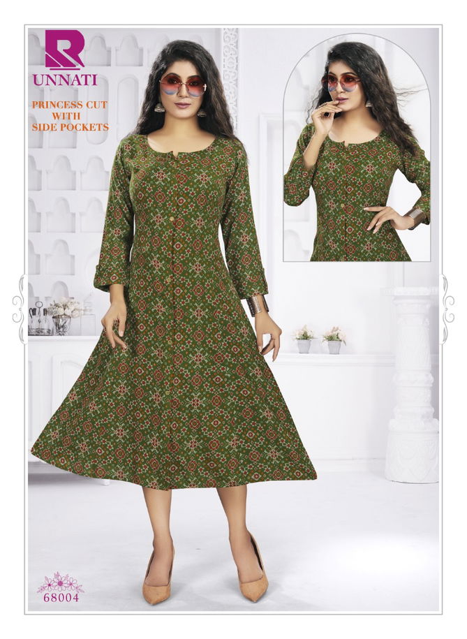 Raashi Unnati Heavy Rayon Printed Fancy Wear Anarakali Kurti Collection
